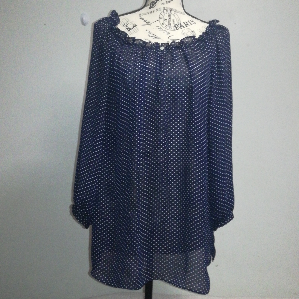 Chaps polka dot ruffle off shoulder tops size 1X blue 100% Polyester